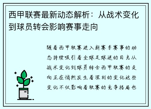 西甲联赛最新动态解析：从战术变化到球员转会影响赛事走向