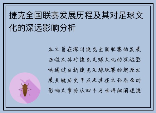 捷克全国联赛发展历程及其对足球文化的深远影响分析