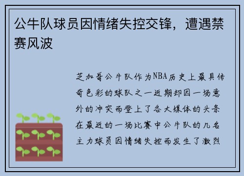 公牛队球员因情绪失控交锋，遭遇禁赛风波